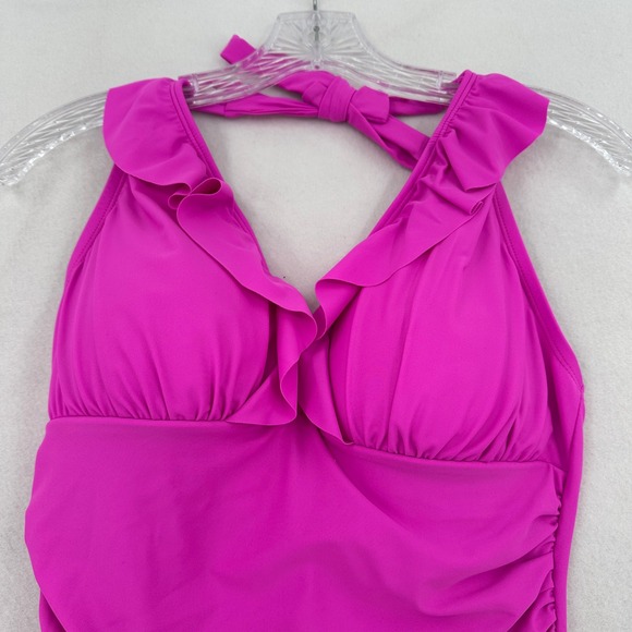 Ellen Tracy Magenta Pink Ruffle Halter One Piece Swimsuit Ruched Size 10 Beach - Picture 3 of 9